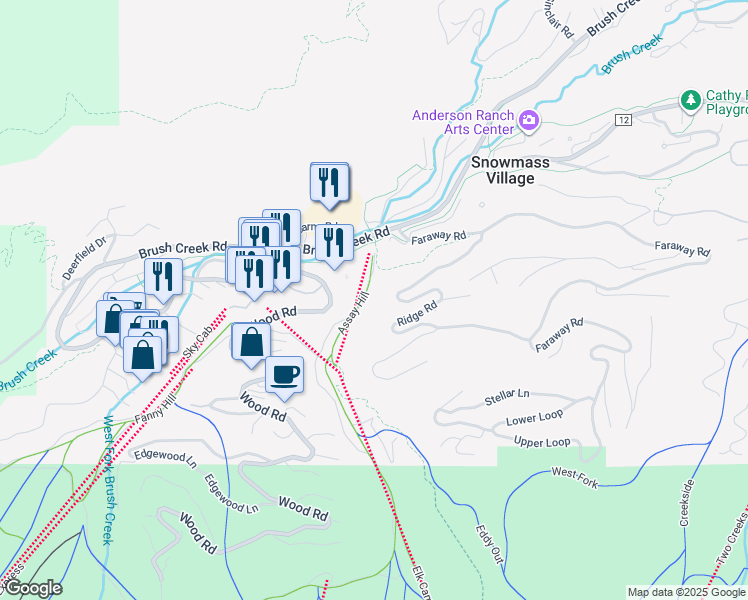 map of restaurants, bars, coffee shops, grocery stores, and more near 342 Ridge Road in Snowmass Village