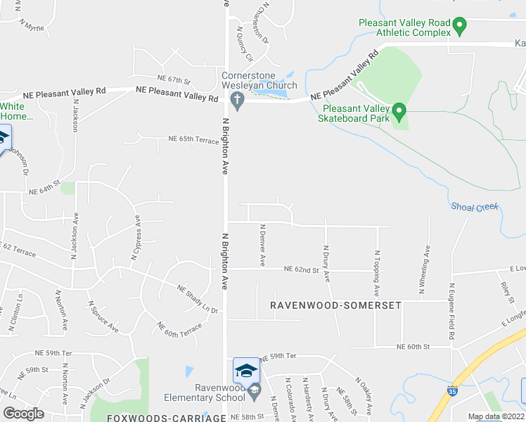 map of restaurants, bars, coffee shops, grocery stores, and more near 5123 Northeast 63rd Terrace in Kansas City