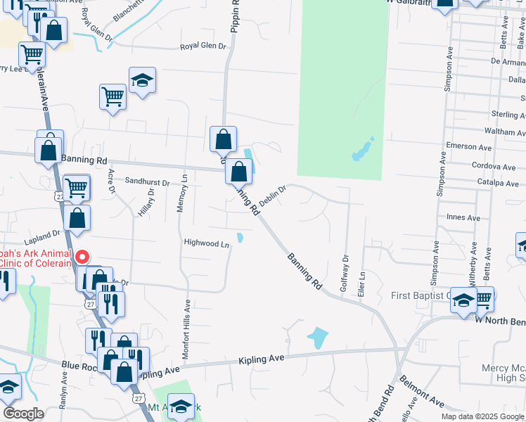 map of restaurants, bars, coffee shops, grocery stores, and more near 2432 Banning Road in Cincinnati