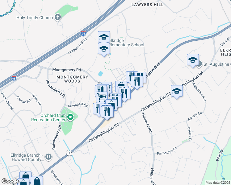 map of restaurants, bars, coffee shops, grocery stores, and more near Darby Downs in Elkridge