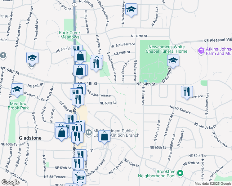 map of restaurants, bars, coffee shops, grocery stores, and more near 6309 North Bellefontaine Avenue in Kansas City