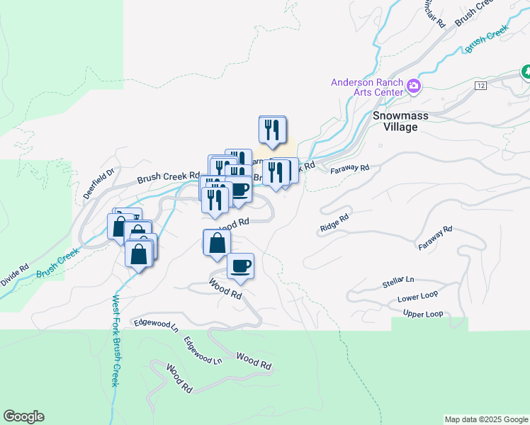 map of restaurants, bars, coffee shops, grocery stores, and more near 221 Wood Road in Aspen