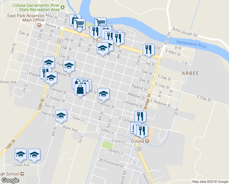 map of restaurants, bars, coffee shops, grocery stores, and more near 315 Webster Street in Colusa