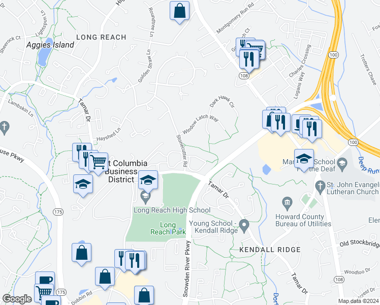 map of restaurants, bars, coffee shops, grocery stores, and more near 8507 Black Star Circle in Columbia