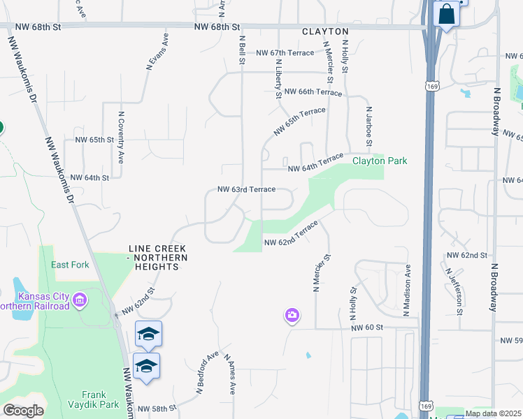 map of restaurants, bars, coffee shops, grocery stores, and more near Northwest 63rd Street in Kansas City