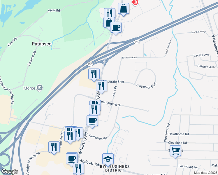 map of restaurants, bars, coffee shops, grocery stores, and more near 999 Corporate Boulevard in Linthicum Heights
