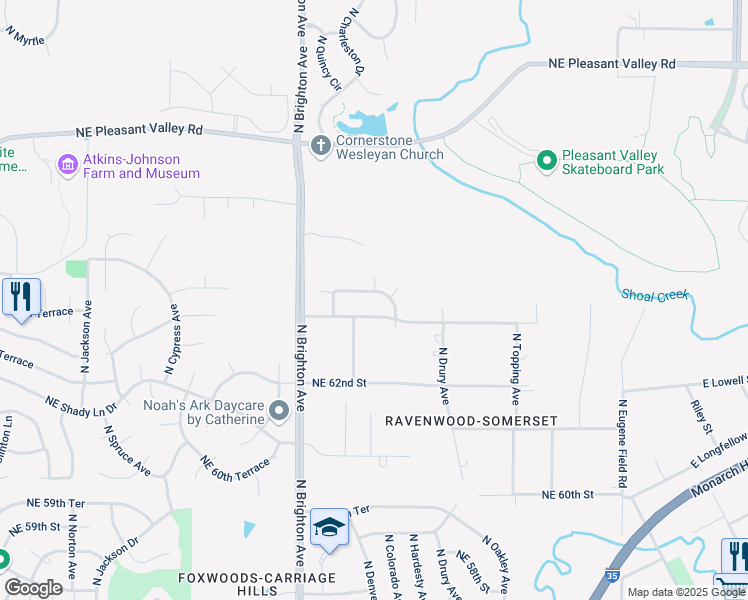 map of restaurants, bars, coffee shops, grocery stores, and more near 5216 Northeast 63rd Street in Kansas City