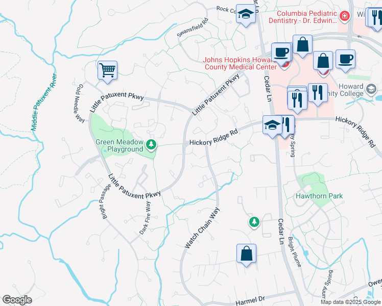 map of restaurants, bars, coffee shops, grocery stores, and more near 11401 Little Patuxent Parkway in Columbia