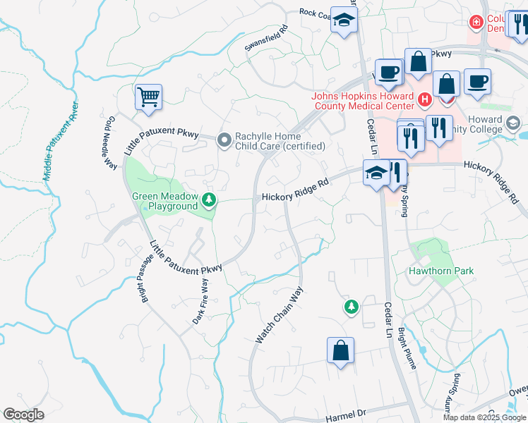 map of restaurants, bars, coffee shops, grocery stores, and more near 11431 Little Patuxent Parkway in Columbia