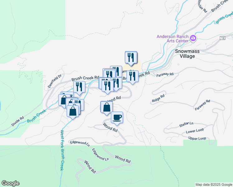 map of restaurants, bars, coffee shops, grocery stores, and more near 171 Wood Road in Aspen