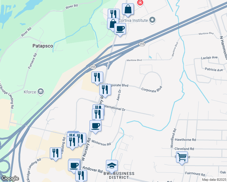 map of restaurants, bars, coffee shops, grocery stores, and more near 999 Corporate Boulevard in Linthicum Heights