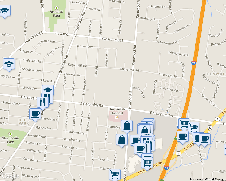 map of restaurants, bars, coffee shops, grocery stores, and more near 8303 Kenwood Road in Cincinnati