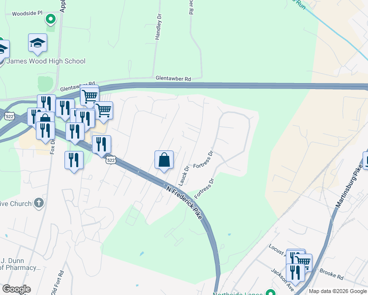 map of restaurants, bars, coffee shops, grocery stores, and more near 195 Lauck Drive in Winchester