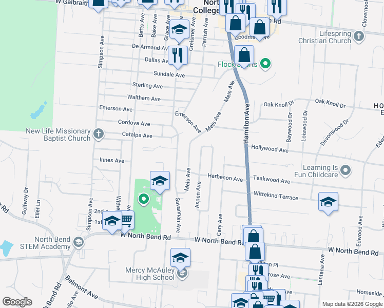 map of restaurants, bars, coffee shops, grocery stores, and more near 6413 Aspen Way in Cincinnati