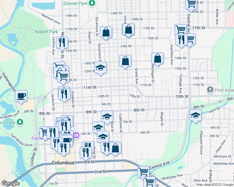 map of restaurants, bars, coffee shops, grocery stores, and more near 934 California Street in Columbus