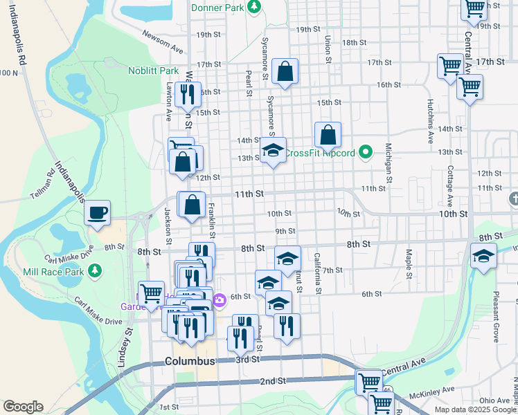 map of restaurants, bars, coffee shops, grocery stores, and more near 704 10th Street in Columbus