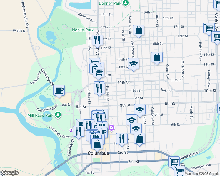 map of restaurants, bars, coffee shops, grocery stores, and more near 1010a Franklin Street in Columbus