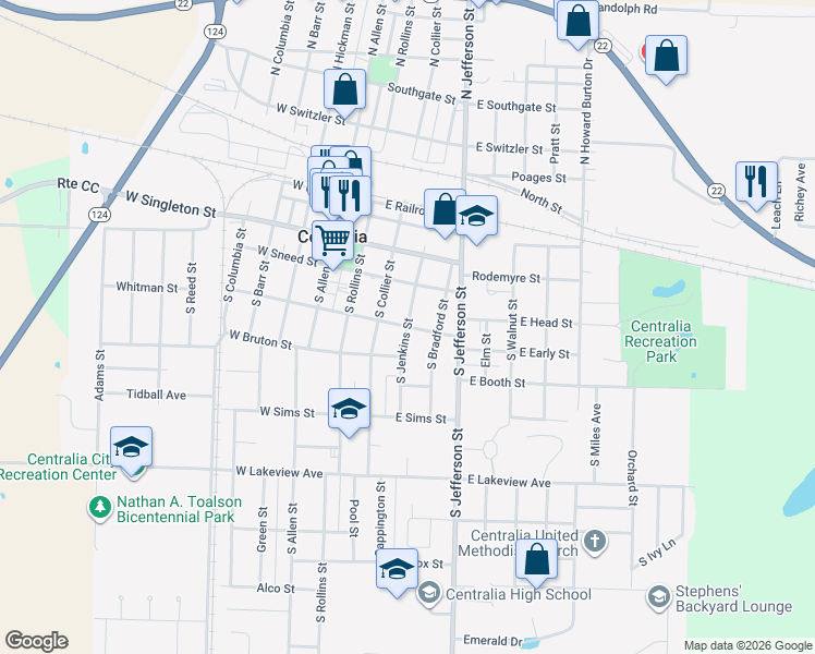 map of restaurants, bars, coffee shops, grocery stores, and more near 300 South Jenkins Street in Centralia