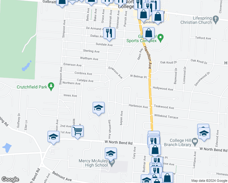 map of restaurants, bars, coffee shops, grocery stores, and more near 6362 Savannah Avenue in Cincinnati