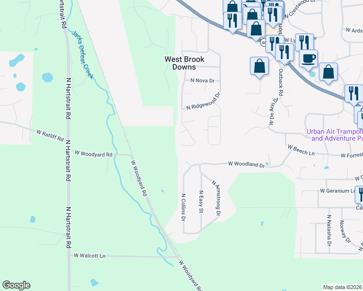 map of restaurants, bars, coffee shops, grocery stores, and more near 4000 North Brookwood Drive in Bloomington