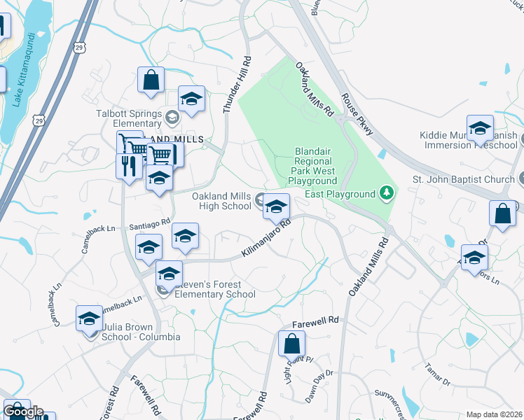 map of restaurants, bars, coffee shops, grocery stores, and more near 9410 Kilimanjaro Road in Columbia