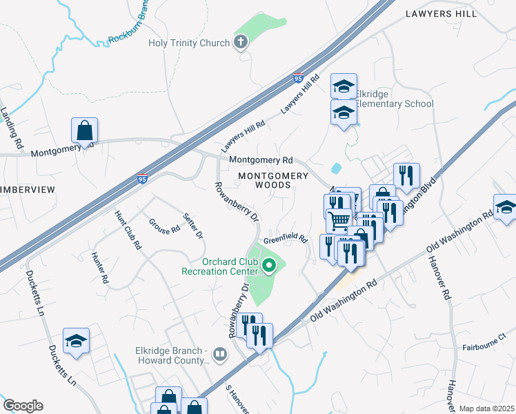 map of restaurants, bars, coffee shops, grocery stores, and more near 6007 Rowanberry Drive in Elkridge