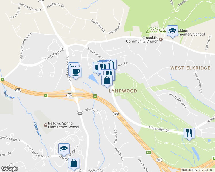 map of restaurants, bars, coffee shops, grocery stores, and more near 6060 Marshalee Drive in Elkridge
