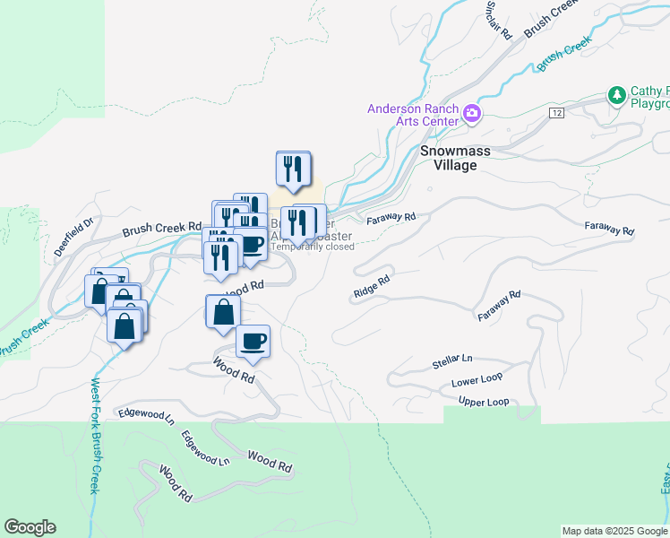 map of restaurants, bars, coffee shops, grocery stores, and more near 342 Ridge Road in Snowmass Village