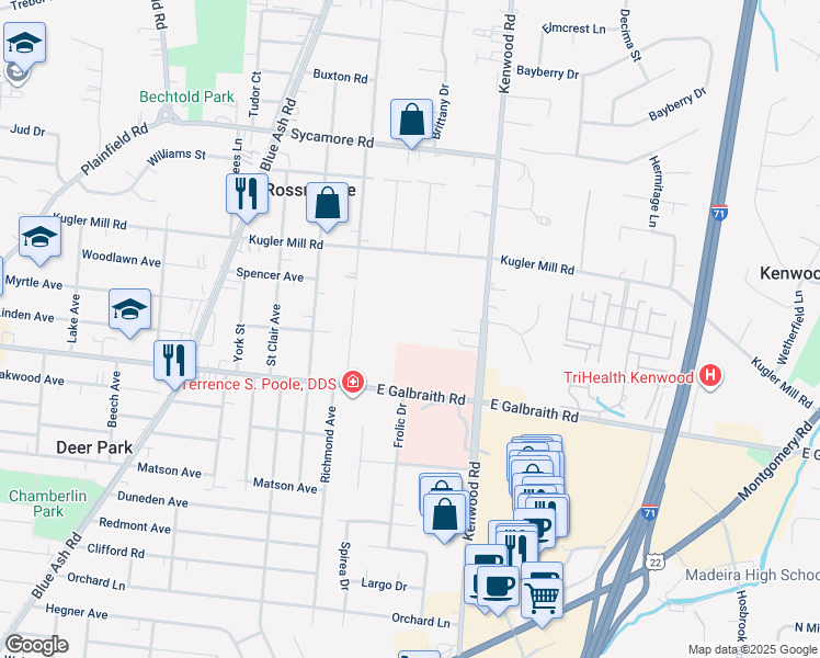 map of restaurants, bars, coffee shops, grocery stores, and more near 8303 Kenwood Road in Cincinnati