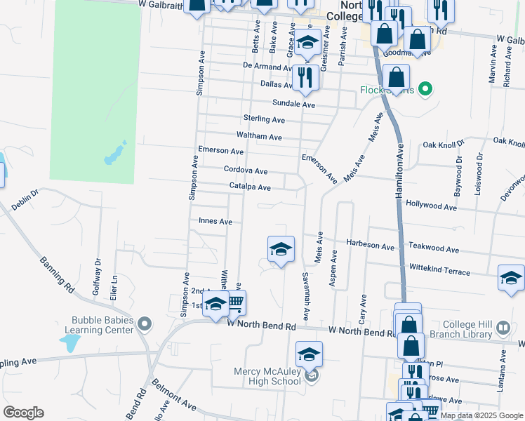 map of restaurants, bars, coffee shops, grocery stores, and more near 1910 Savannah Way in Cincinnati