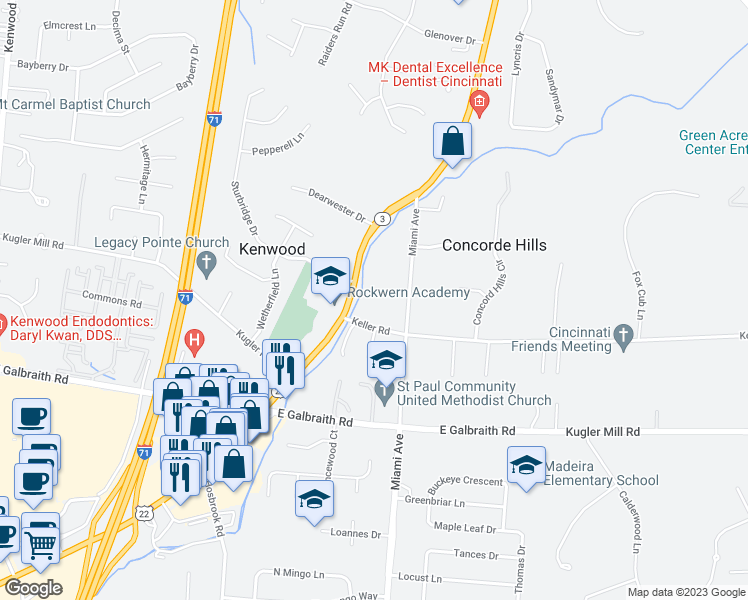 map of restaurants, bars, coffee shops, grocery stores, and more near 7450 Keller Road in Cincinnati