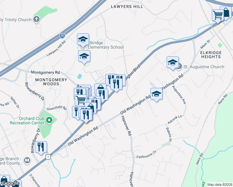 map of restaurants, bars, coffee shops, grocery stores, and more near 6241 Washington Boulevard in Elkridge