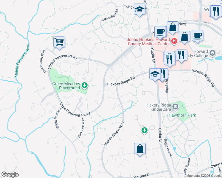 map of restaurants, bars, coffee shops, grocery stores, and more near 11415 Little Patuxent Parkway in Columbia