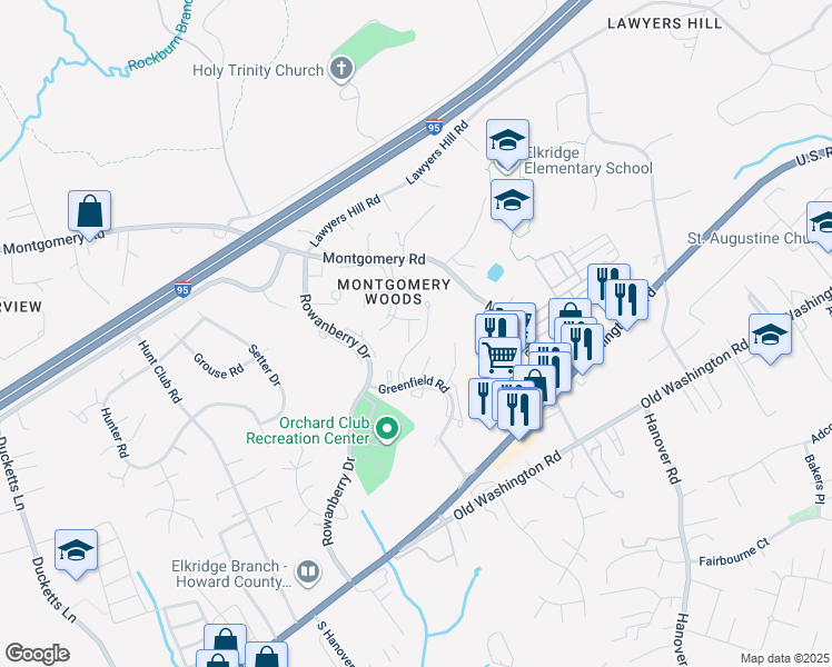 map of restaurants, bars, coffee shops, grocery stores, and more near 5881 Critter Court in Elkridge