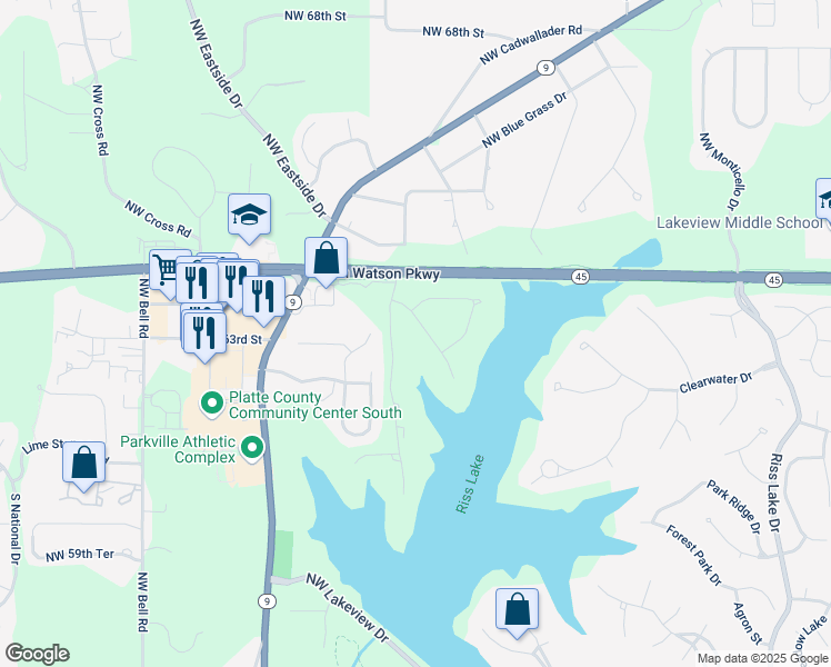 map of restaurants, bars, coffee shops, grocery stores, and more near 8295 Shoreline Drive in Kansas City