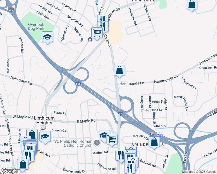 map of restaurants, bars, coffee shops, grocery stores, and more near 908 Wanda Road in Linthicum Heights