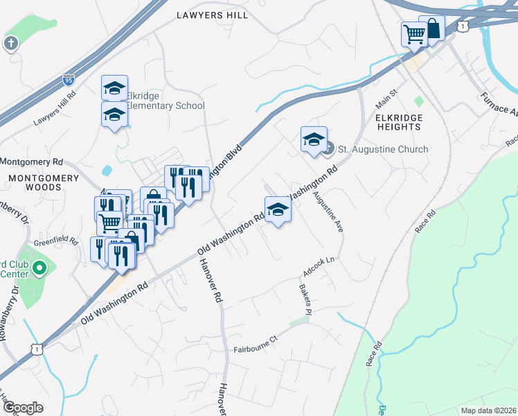 map of restaurants, bars, coffee shops, grocery stores, and more near 6122 Old Washington Road in Elkridge