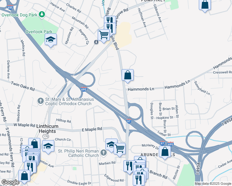 map of restaurants, bars, coffee shops, grocery stores, and more near 908 Wanda Road in Linthicum Heights