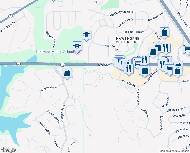 map of restaurants, bars, coffee shops, grocery stores, and more near 6301 North Klamm Road in Kansas City