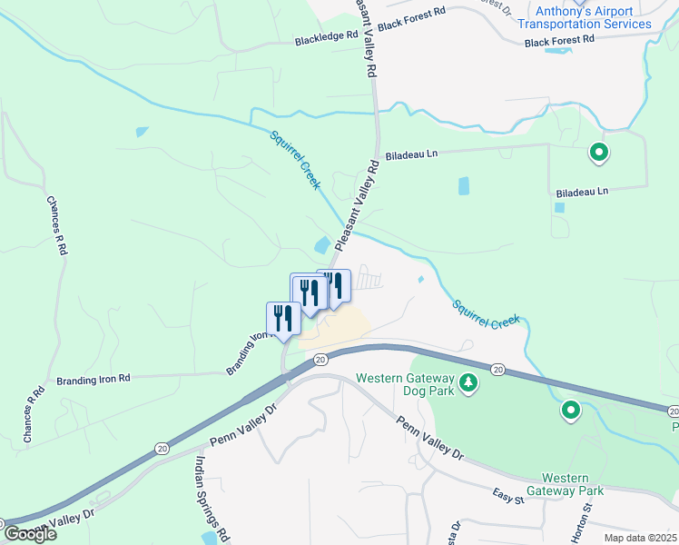 map of restaurants, bars, coffee shops, grocery stores, and more near 18820 Pine Shadows Lane in Penn Valley