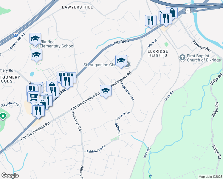 map of restaurants, bars, coffee shops, grocery stores, and more near 6043 Old Washington Road in Elkridge