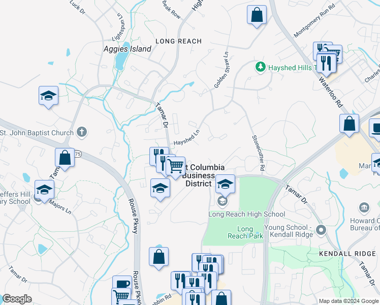 map of restaurants, bars, coffee shops, grocery stores, and more near 8833 Hayshed Lane in Columbia