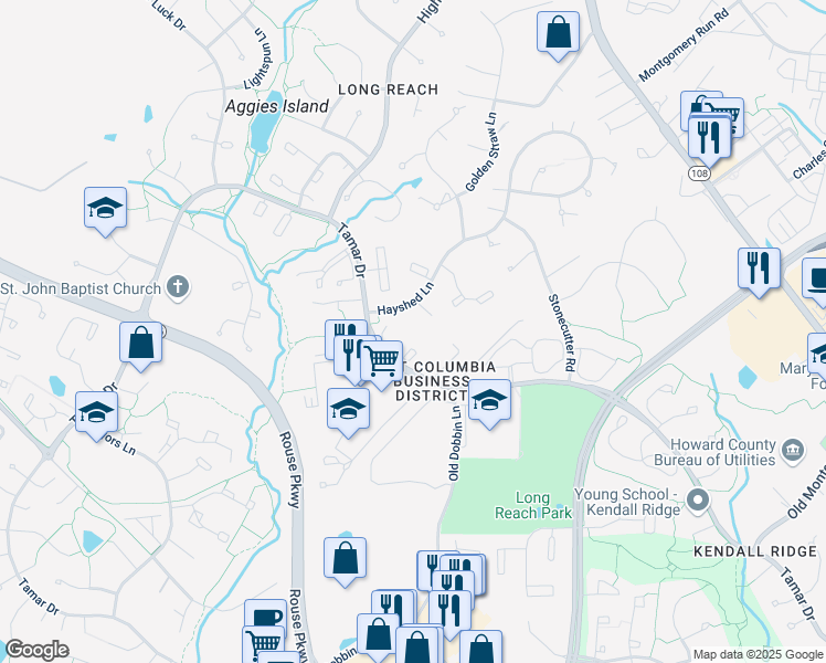 map of restaurants, bars, coffee shops, grocery stores, and more near 8792 Tamar Drive in Columbia