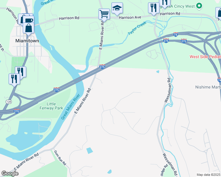 map of restaurants, bars, coffee shops, grocery stores, and more near 7366 Bear Ridge in Cleves
