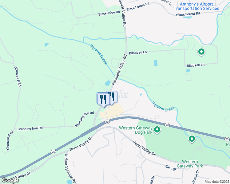 map of restaurants, bars, coffee shops, grocery stores, and more near 18820 Pine Shadows Lane in Penn Valley