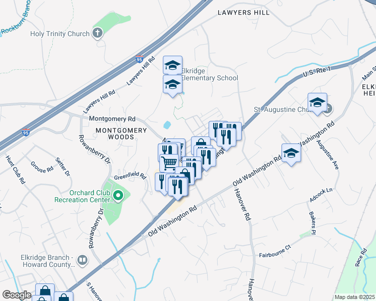 map of restaurants, bars, coffee shops, grocery stores, and more near 7209 Darby Downs in Elkridge
