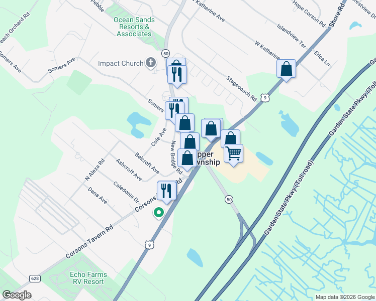 map of restaurants, bars, coffee shops, grocery stores, and more near 11 New Bridge Road in Cape May County