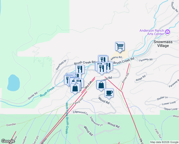 map of restaurants, bars, coffee shops, grocery stores, and more near 30 Anderson Lane in Snowmass Village
