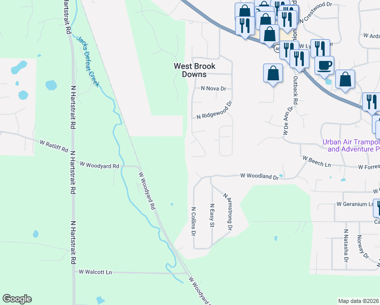 map of restaurants, bars, coffee shops, grocery stores, and more near 4000-4056 North Brookwood Drive in Bloomington