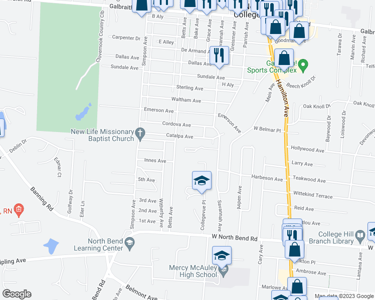 map of restaurants, bars, coffee shops, grocery stores, and more near 1906 Savannah Way in Cincinnati